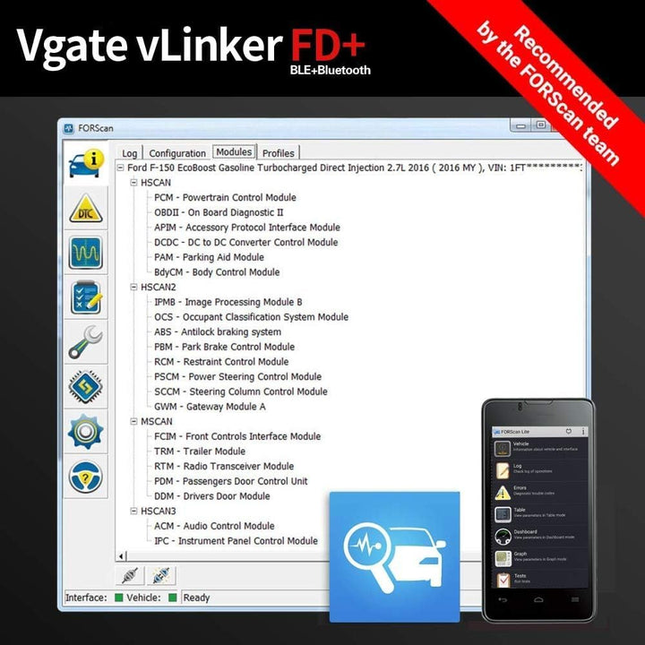 Vgate OBDII Bluetooth, vLinker FD+ OBD2 diagnosegerät OBD Adapter für Android, IOS und Windows (Blue