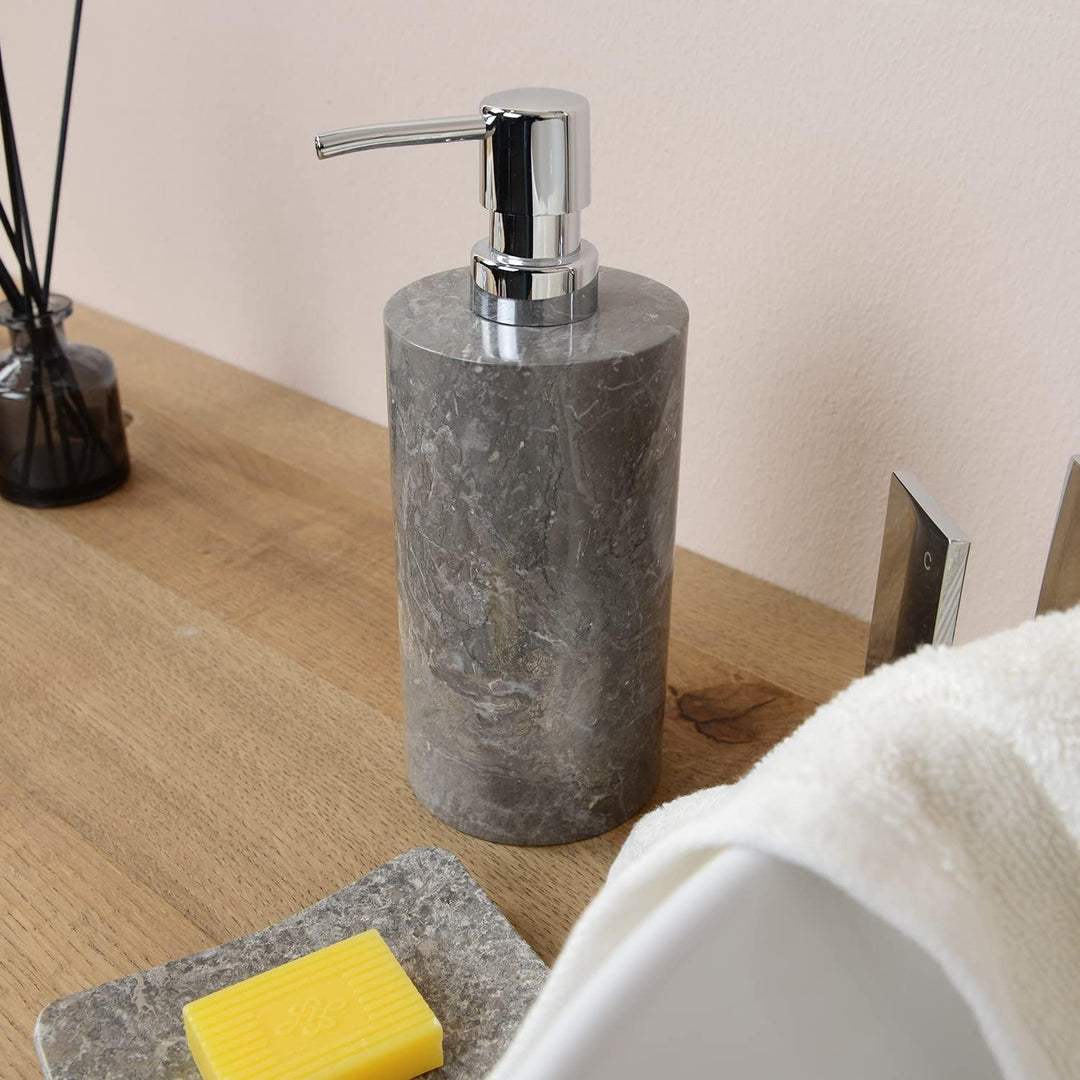 WOHNFREUDEN Naturstein Marmor Seifenspendernatur grau 15 cm + Dosierpumpe Stein