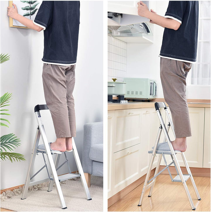 KINGRACK Stufenleiter, Trittleiter 2 Stufen, Klapptrittleiter mit Handlauf, rutschfeste Haushaltslei