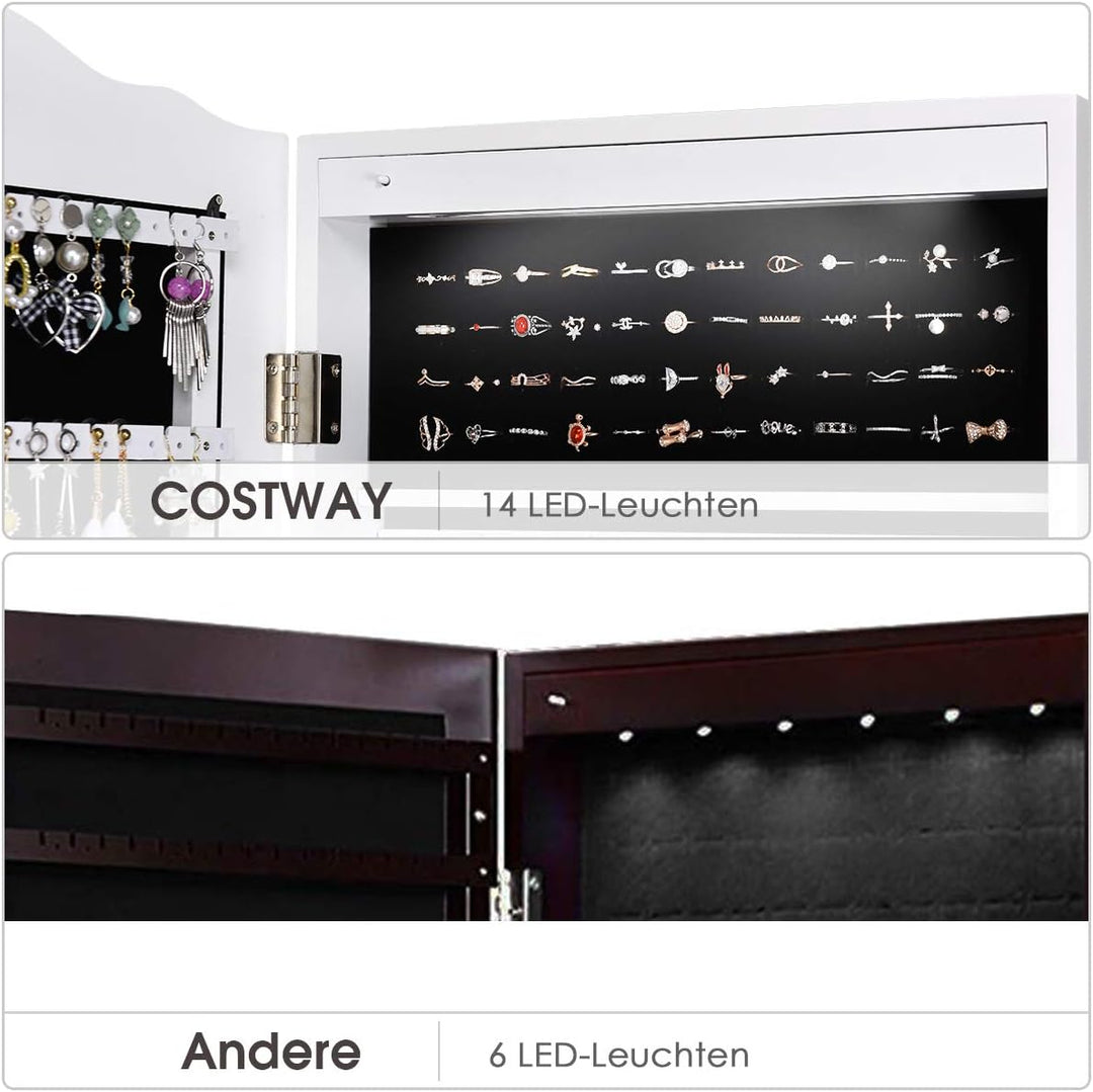 COSTWAY Schmuckschrank mit 14 LED Leuchten, Schmuckregal mit Ganzkörperspiegel abschliessbar, Schmuc