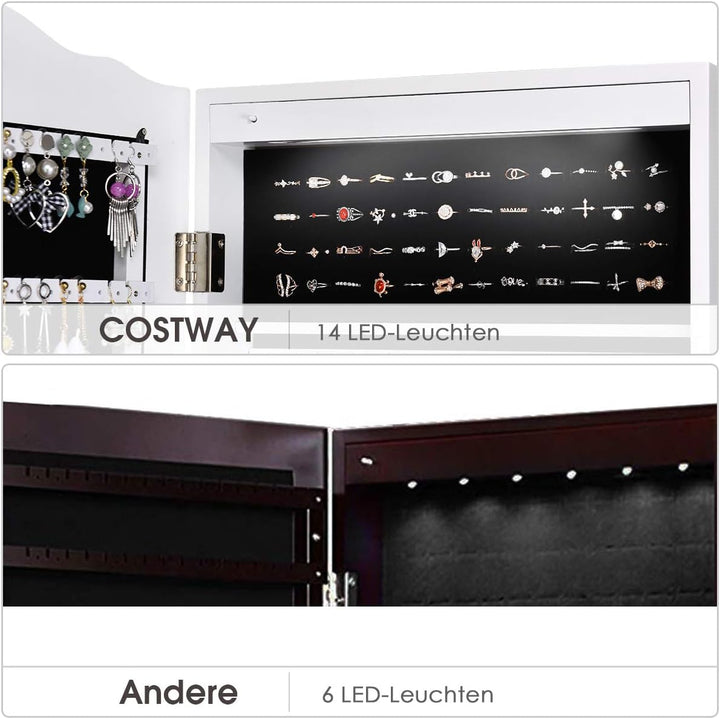 COSTWAY Schmuckschrank mit 14 LED Leuchten, Schmuckregal mit Ganzkörperspiegel abschliessbar, Schmuc