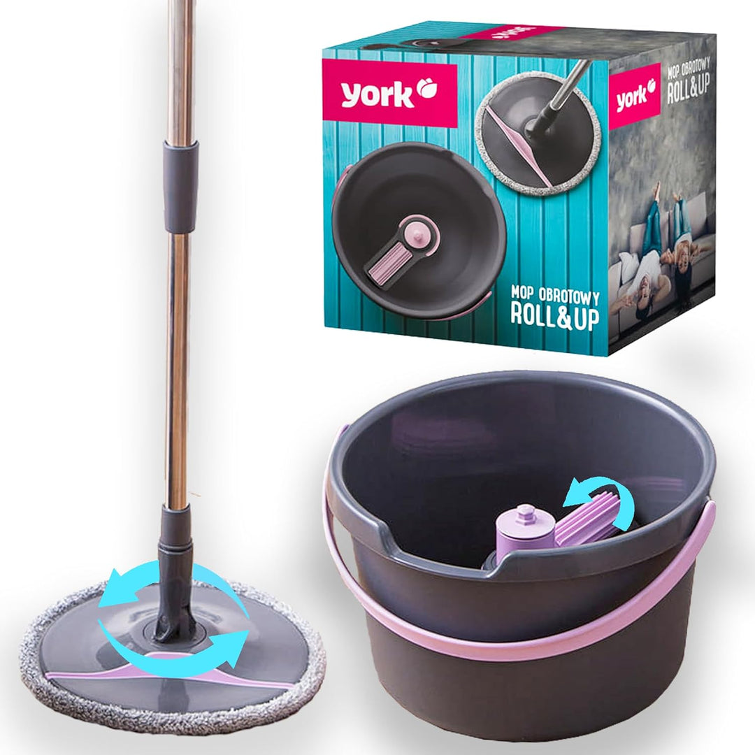 YORK ROLL&UP Wischmopp mit Eimer Teleskopstiel Innovative Auswringfunktion Klappplatte Wischbezug Mi