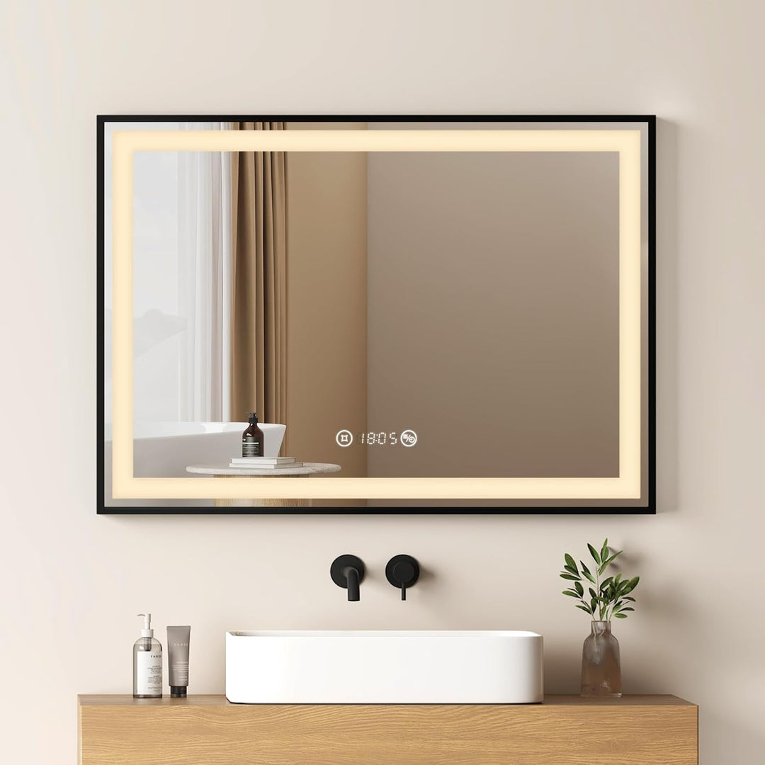 EMKE Badspiegel mit Beleuchtung 70x50cm Badspiegel Schwarzer Rand LED Badezimmerspiegel mit Touch, A