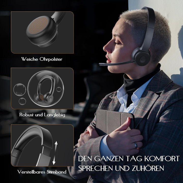 EKSA H16 Wireless Headset, Bluetooth 5.2 Headset mit Mikrofon & USB Dongle [Bis zu 55 Stdn & 15 Mete