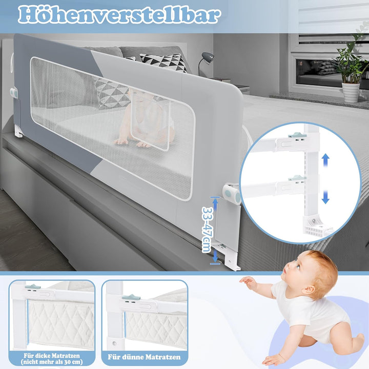 UISEBRT Bettgitter 150cm Bettschutzgitter Klappbar für Kleinkinder, Rausfallschutz Höhenverstellbar