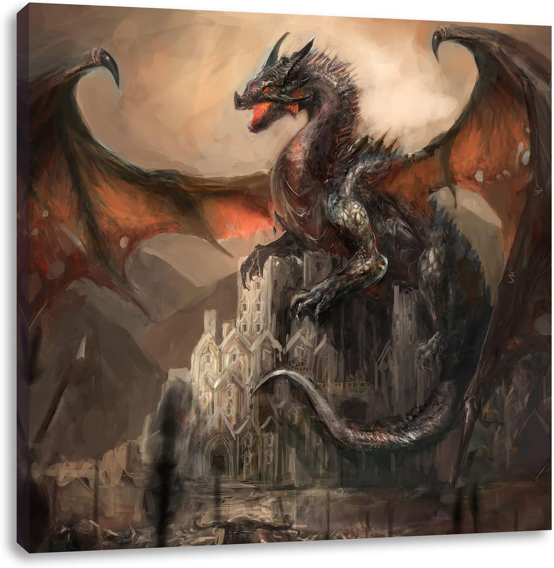 Drache schützend über Burg, Format: 70x70 auf Leinwand, XXL riesige Bilder fertig gerahmt mit Keilra