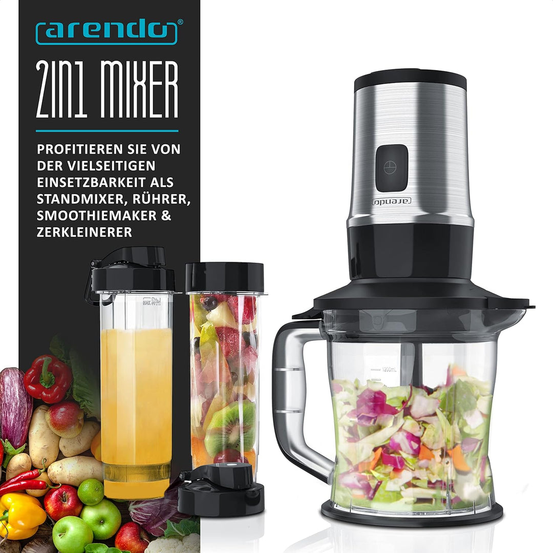 Arendo - Standmixer to Go - Zerkleinerer - Smoothie Maker Edelstahl - 1,2l Fassungsvermögen inkl. 2x