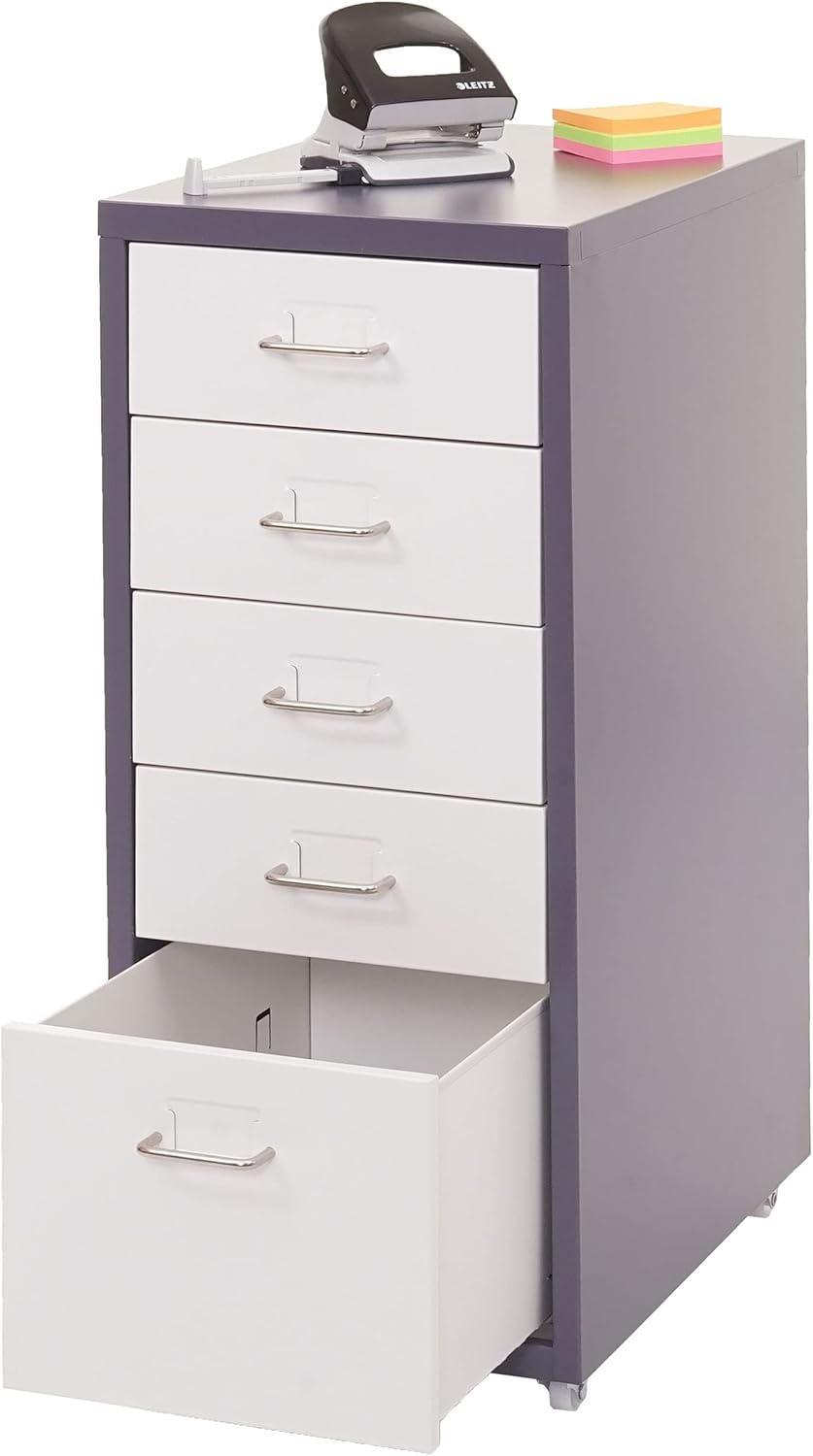 Mendler Rollcontainer Boston T851, Schubladenschrank Stahlschrank, 69x28x41cm 5 Schubladen - dunkelg