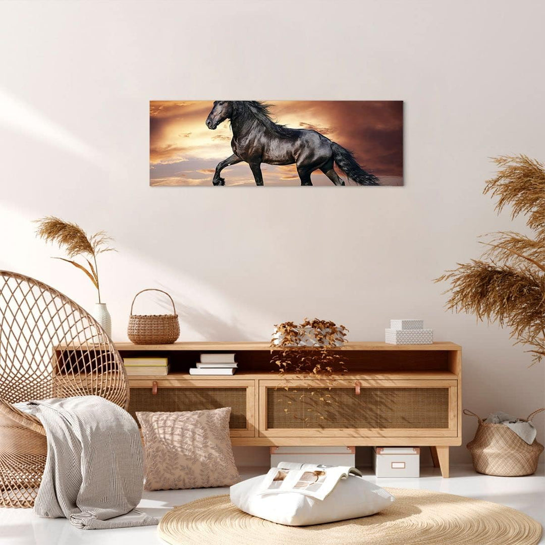 Panorama Bilder auf Leinwand Pferd Tier Wiese Leinwandbild mit Rahmen 90x30cm Wandbilder Dekoration