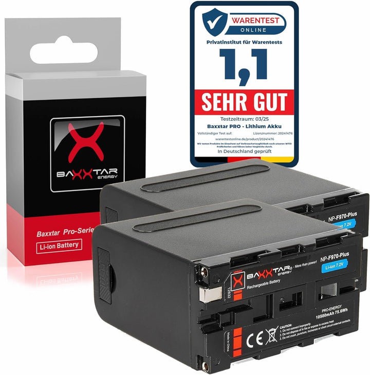 Baxxtar PRO 2X Akku NP-F970 Plus (Black Series/10500mAh) - LG Cells Inside - mit Powerbank Funktion