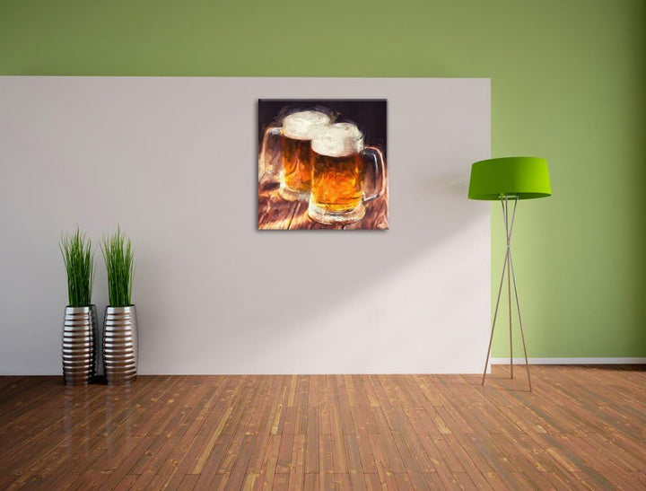 Pixxprint Zwei Masskrüge Bier als Leinwandbild/Grösse: 70x70 cm/Wandbild/Kunstdruck/fertig bespannt,