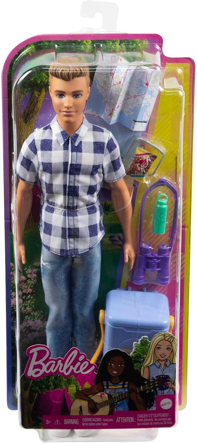 Barbie Camping Serie, Ken Puppe mit braunen Haaren, Landkarte, Fernglas, Camping Zubehör, Aufkleber,