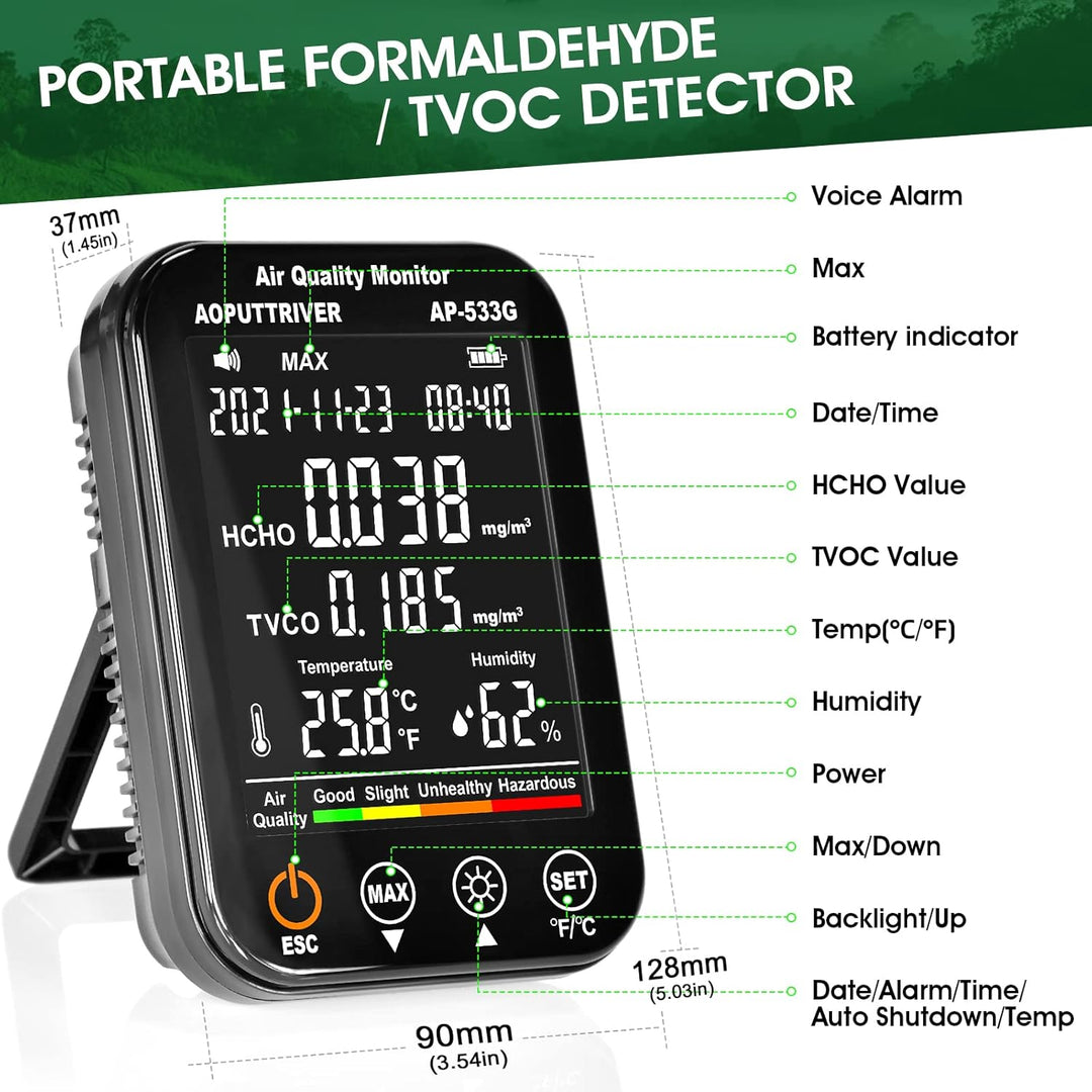 Formaldehyd Detektor, Feuchtigkeit Temperatur Luftqualitätsmonitor für HCHO/TVOC, 4 in1 Raumluftvers