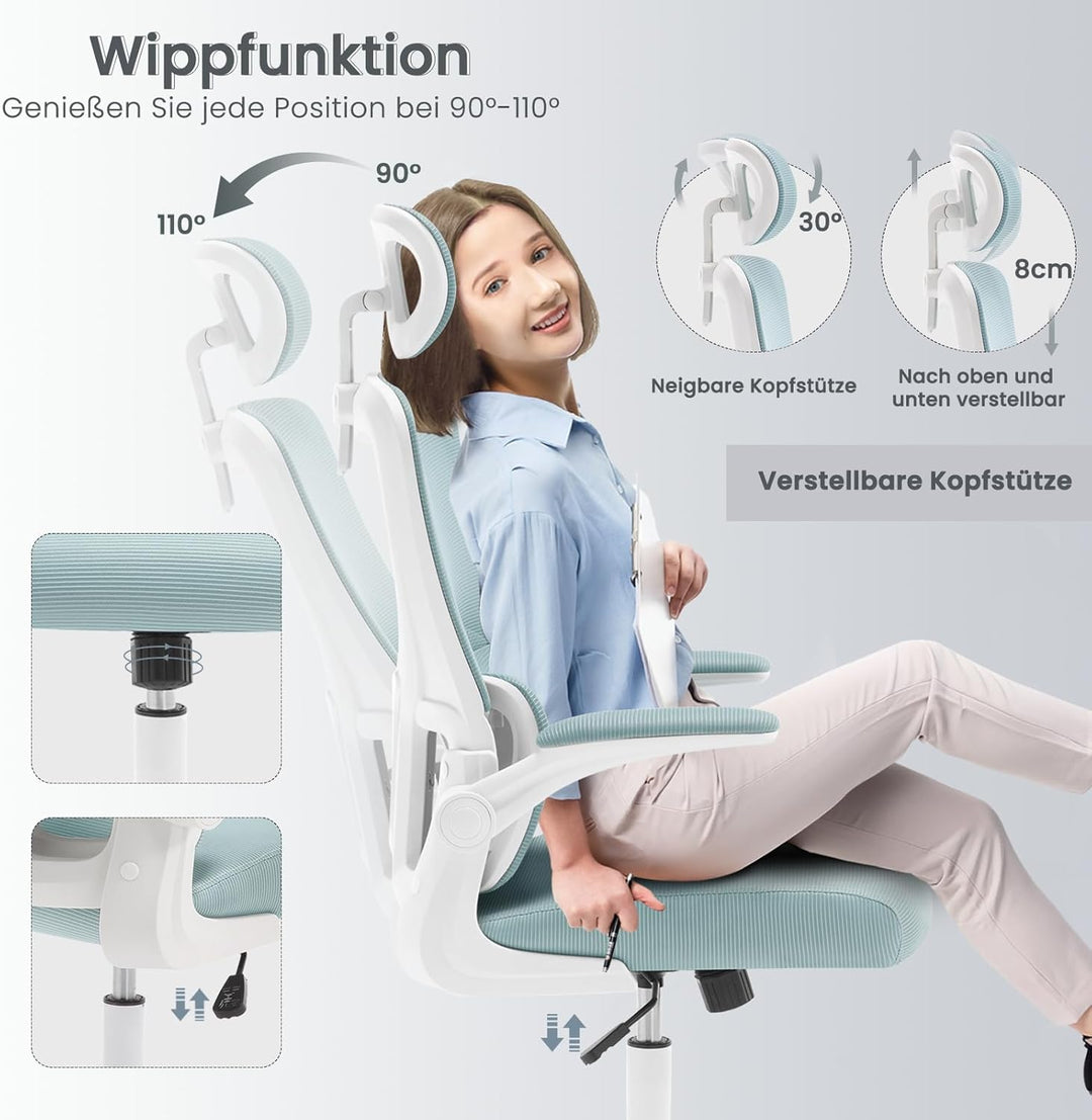 WOLTU Bürostuhl ergonomisch, Schreibtischstuhl Netzstoff, Drehstuhl höhenverstellbar, Schaukelfunkti