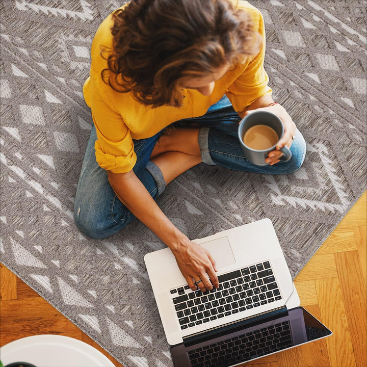 payé Teppich Wohnzimmer - Boho Braun 200x290cm - Raute Ornamente - Ethno Teppiche für Balkon Terrass