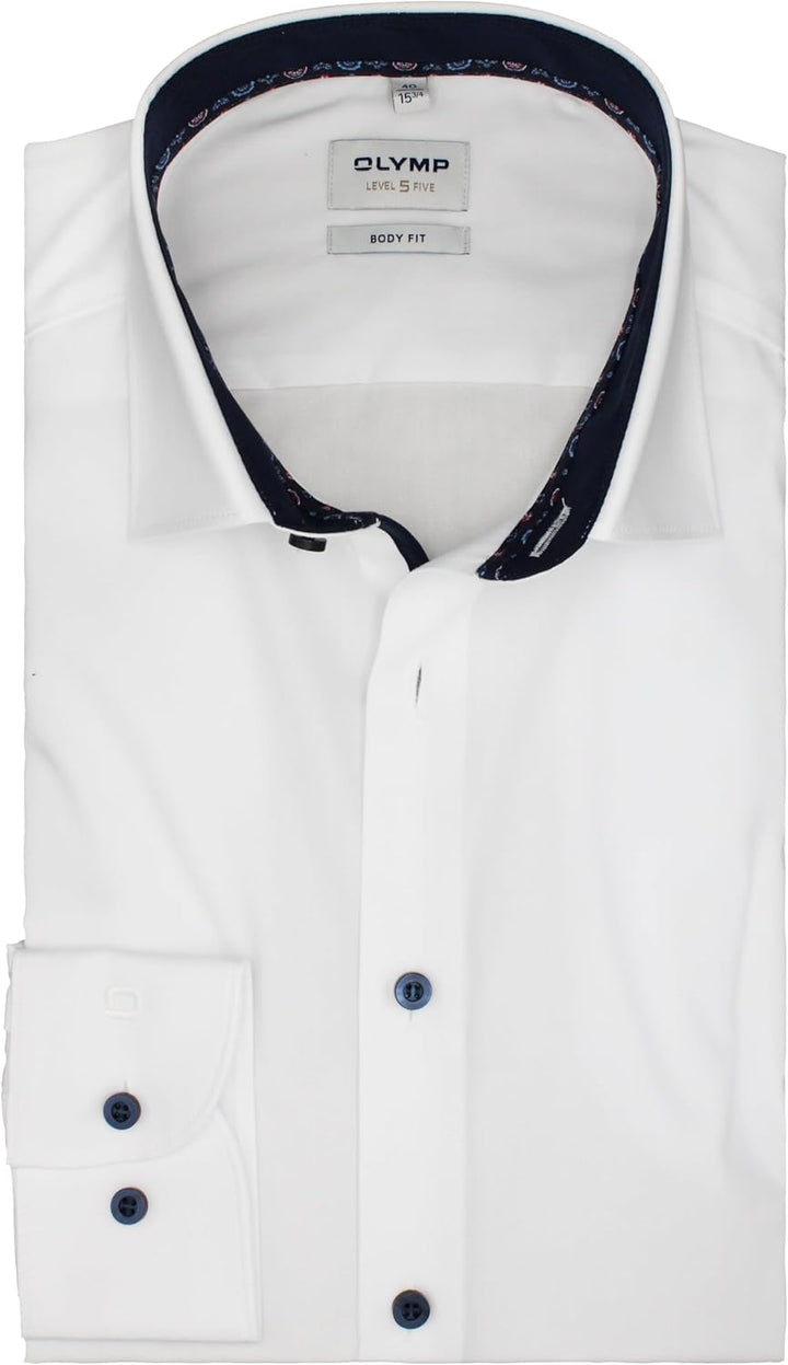 OLYMP Herren Businesshemd Langarm Level Five,Einfarbig,Body fit,Modern Kent 45 _Weiss00-, 45 _Weiss0