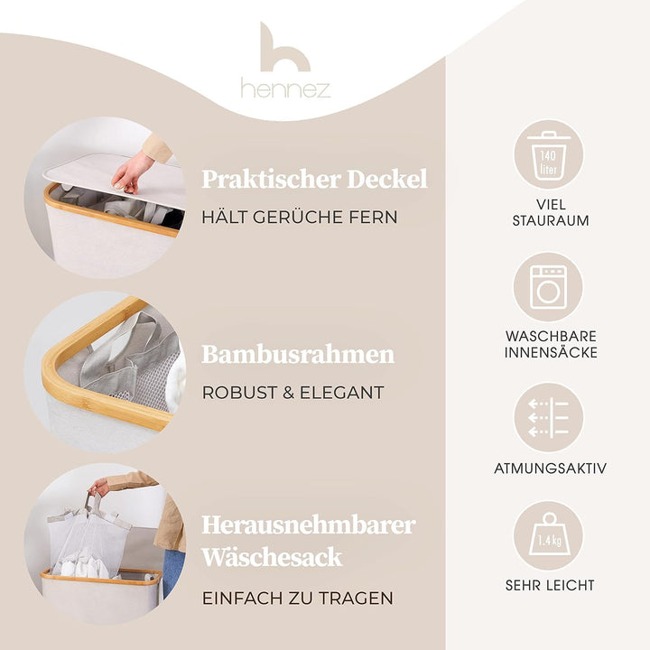 HENNEZ Wäschekorb mit Deckel 2 Fächer Wäschekorb Beige - Grau 140L Wäschesack schmal - Wäschesortier