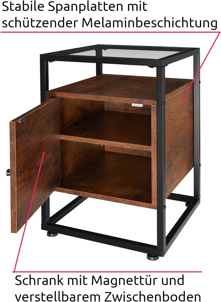 tectake® Nachttisch mit Glasplatte, 40 x 43 x 60,5 cm, Beistelltisch mit Tür, Zimmer Deko Wohnzimmer