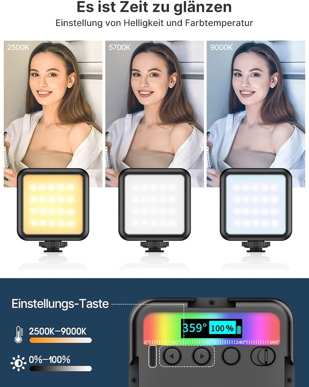 Video Licht RGB, ULANZI VL49 LED Videoleuchte mit 2000 mAh Akku, Kamera Licht Klein Dimmbare 2500K-9