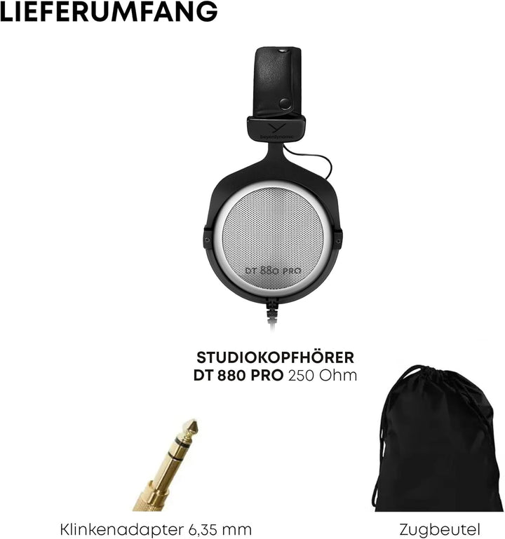 beyerdynamic DT 880 PRO Over-Ear-Studiokopfhörer in schwarz. Halboffene Bauweise, kabelgebunden, Stu