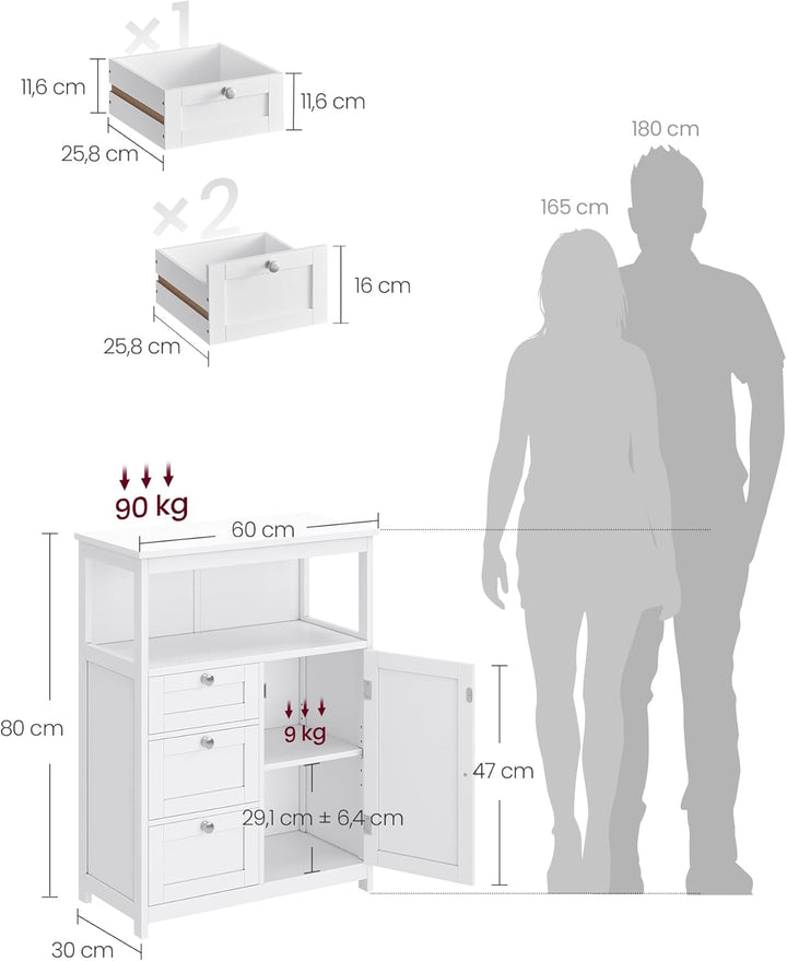 VASAGLE Badezimmerschrank, Badschrank, Beistellschrank, mit 3 Schubladen, Schranktür, verstellbare A