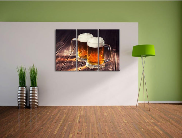 Pixxprint Zwei Masskrüge Bier 3-Teiler Leinwandbild 120x80 Bild auf Leinwand