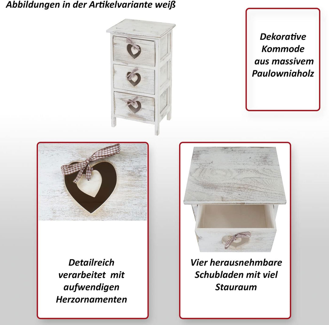 Mendler Kommode Forli, Schubladenkommode Schrank, 3 Schubladen mit Herzen 55x29x25cm, Shabby-Look, V