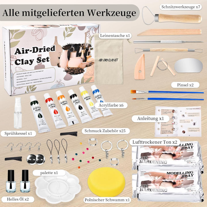 Herenear Lufttrocknendes Ton-Töpfer-Set für Anfänger, Töpferset für Zuhause, Ton Lufttrocknend in We