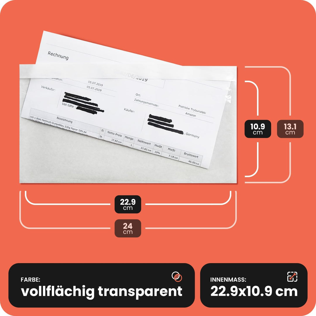 Netuno 1000x transparente Lieferscheintasche selbstklebend DIN lang 239x 131 mm Begleitpapiertasche