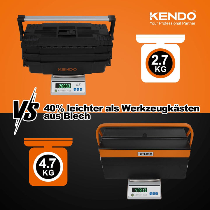 KENDO Werkzeugkasten leer Kunststoff - Leicht und extrem Robust - 46.5 x 23 x 21 cm - 4 aufklappbare