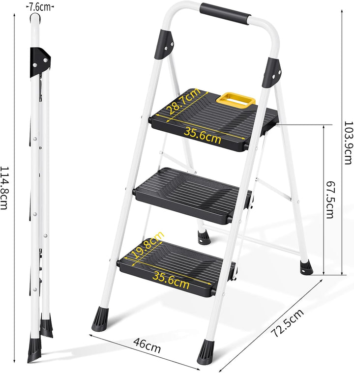 KINGRACK Trittleiter 3 Stufen klappbar 360KG belastbarer mit Sicherheitsverriegelung, rutschfestem B