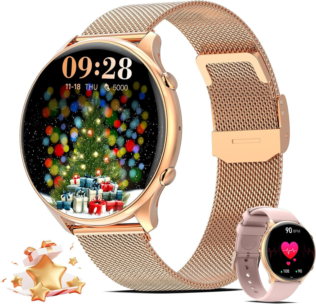 Nendefin Smartwatch Damen,1,39 Zoll runde Armbanduhr mit Telefonfunktion und Whatsapp Sprachassisten