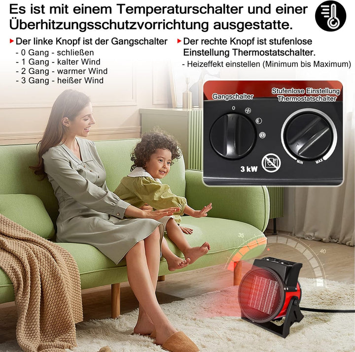 UISEBRT Heizlüfter Energiesparend 3000W - Keramik Heizgerät Bauheizer Elektroheizer mit Überhitzungs
