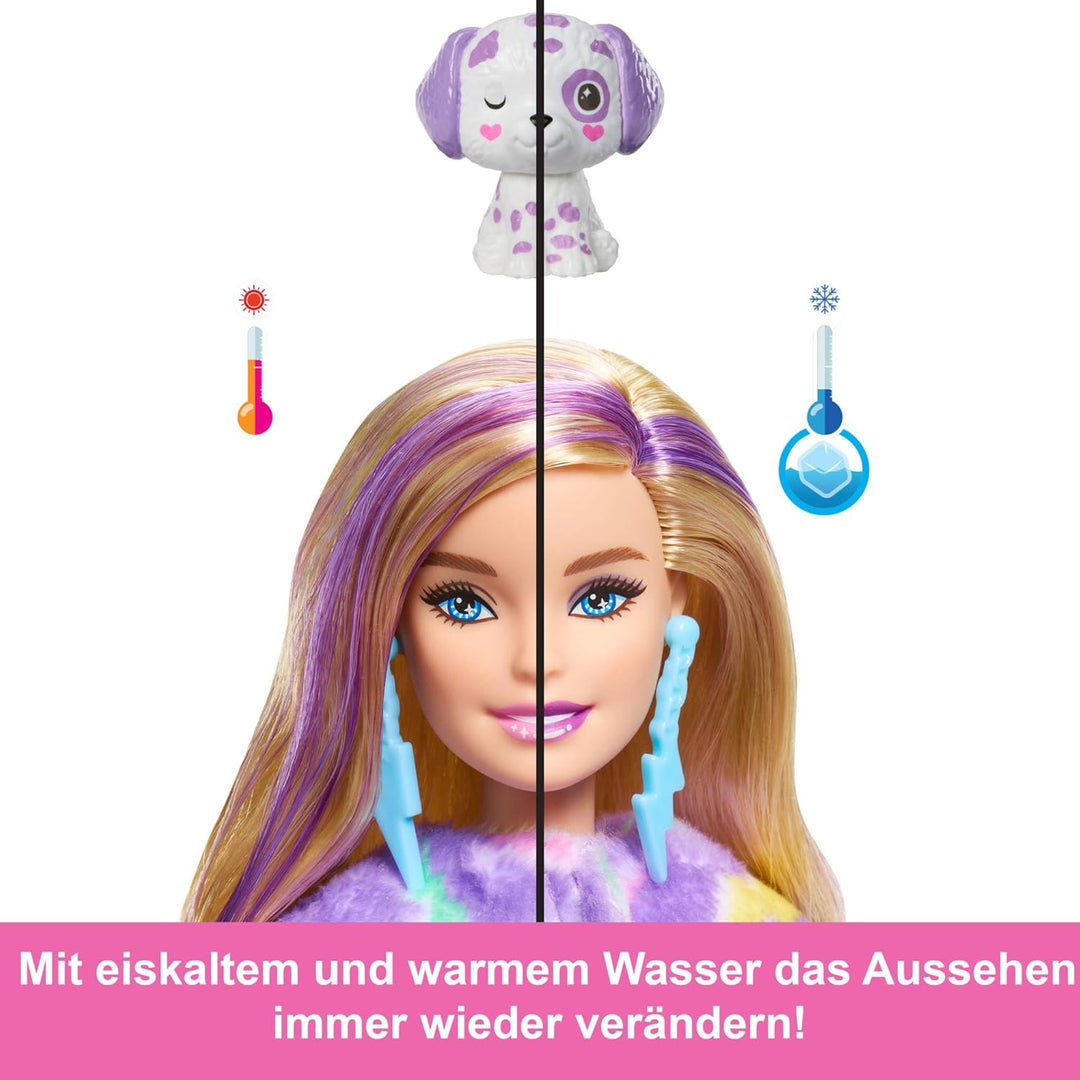Barbie Cutie Reveal Puppe und Accessoires, Regenbogen-Dalmatiner-Plüschkostüm und 10 Überraschungen