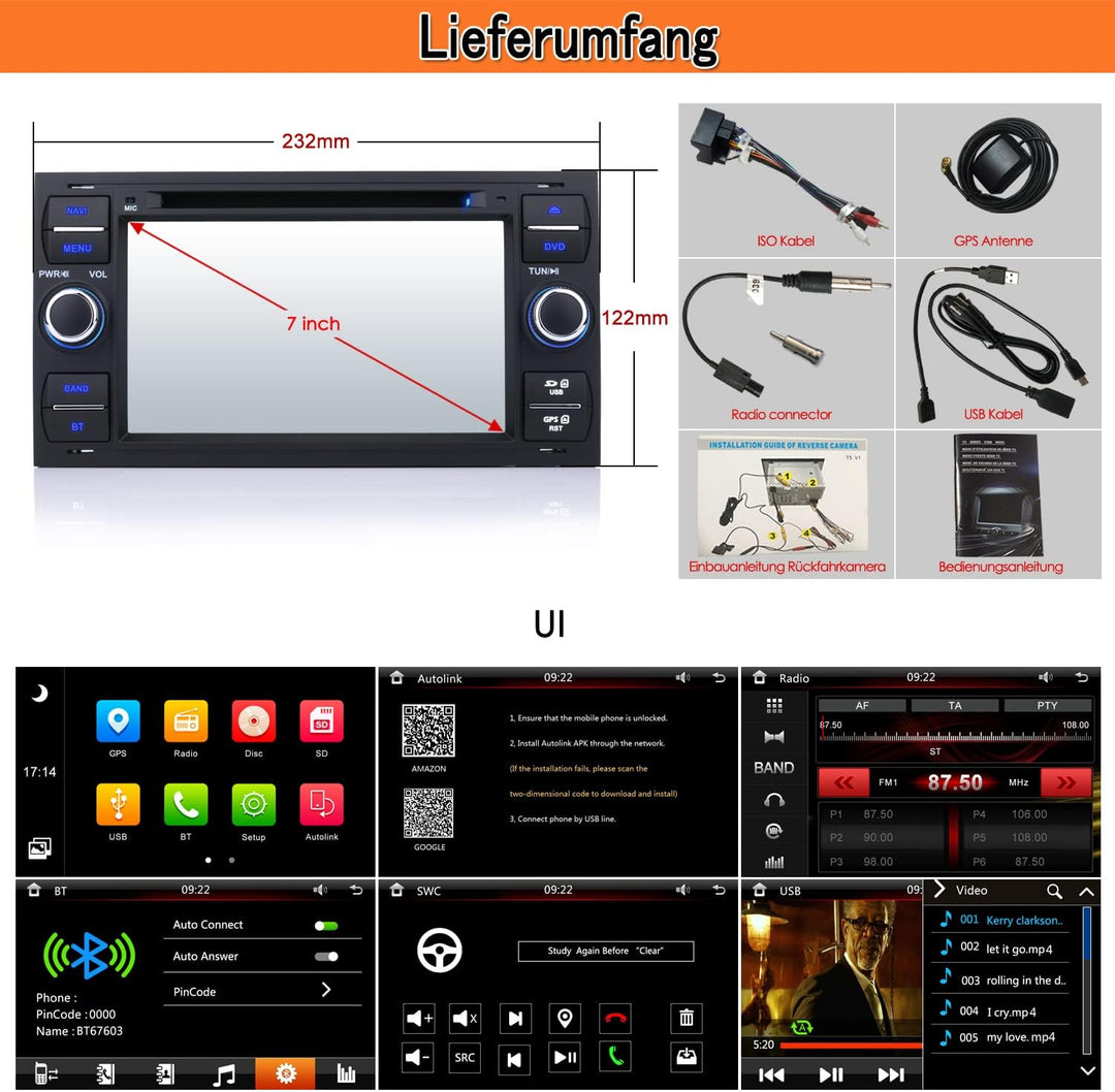 iFrego 7" HD Autoradio DVD Player GPS Navigation RDS SD Bluetooth Touchscreen mit sat NAV GPS Naviga