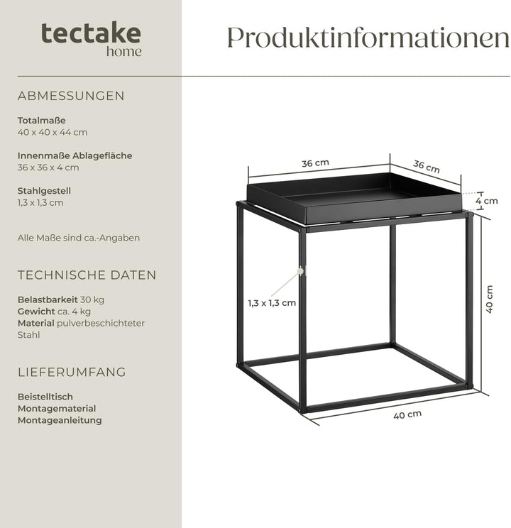 tectake 800910 Beistelltisch aus Metall, quadratisch, stapelbar, Ablagefläche mit hohem Rand, Tablet