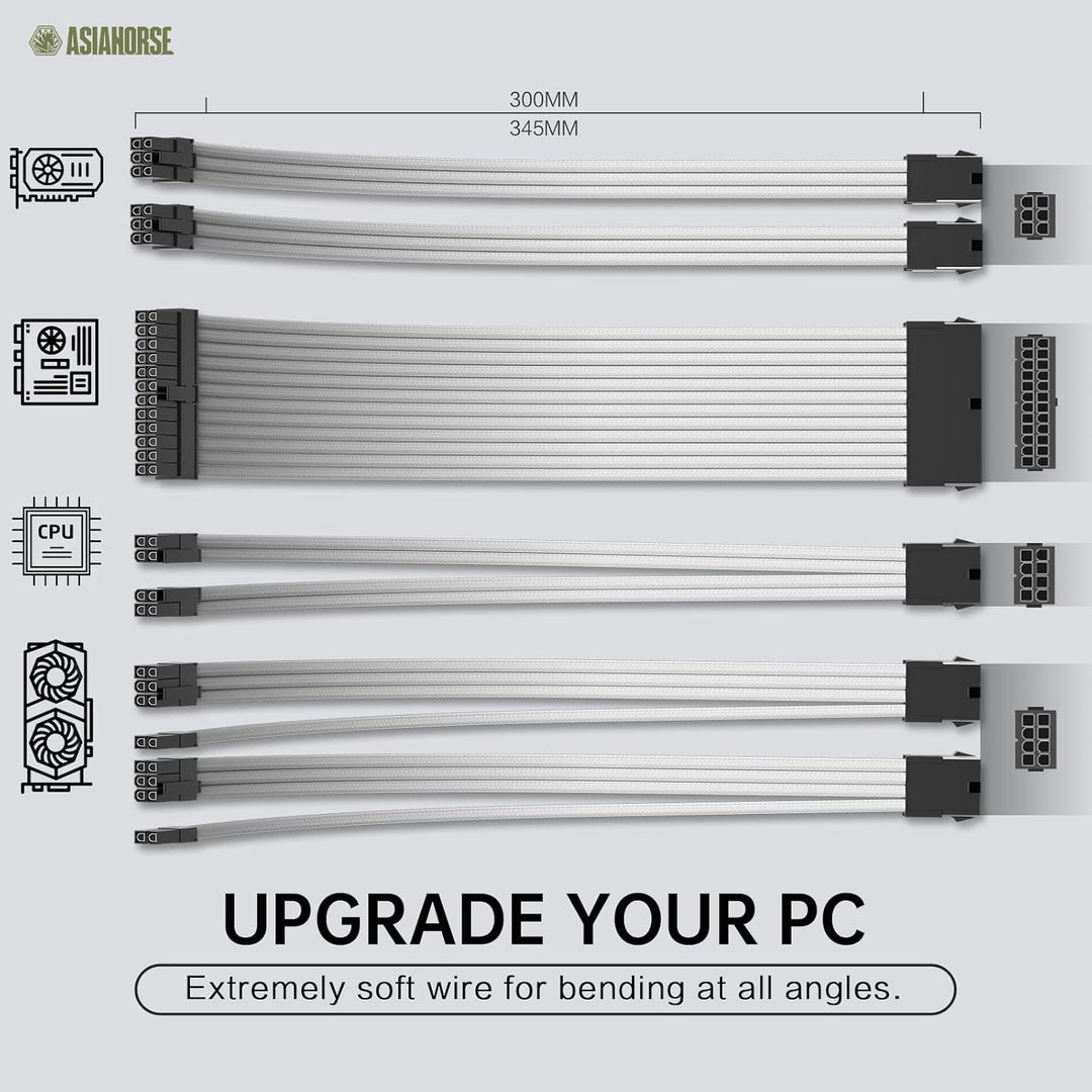 AsiaHorse PC Sleeved Cable Kit for GPU/CPU, 18AWG PSU Cable Extension, Power Supply Cable Extensions