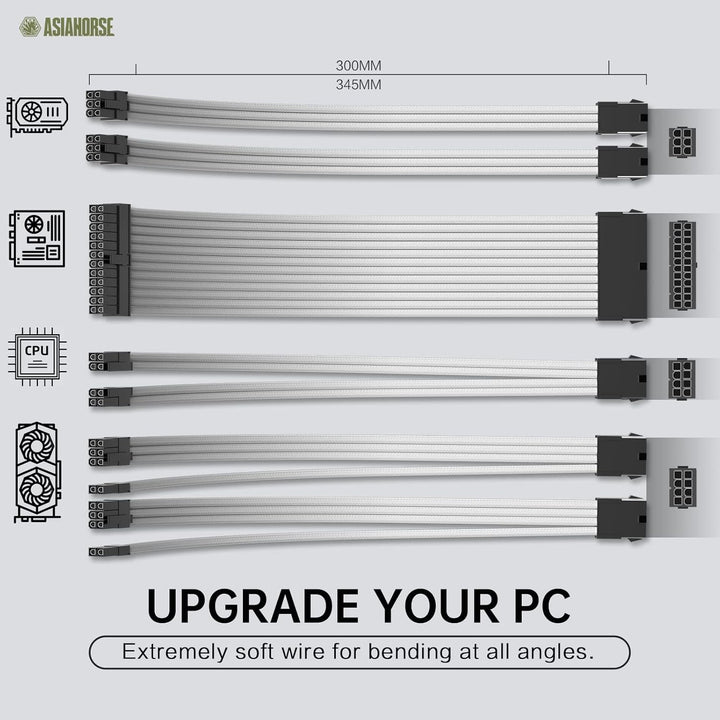 AsiaHorse PC Sleeved Cable Kit for GPU/CPU, 18AWG PSU Cable Extension, Power Supply Cable Extensions