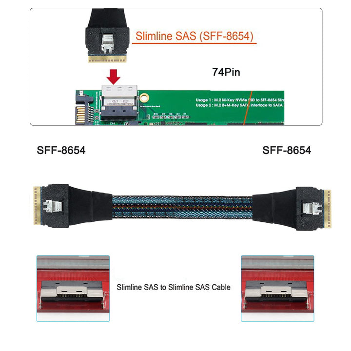 Cablecc PCI-E Slimline SAS 4.0 SFF-8654 8i 74pin Host auf SFF-8654 74Pin Slim SAS Target Kabel 50cm