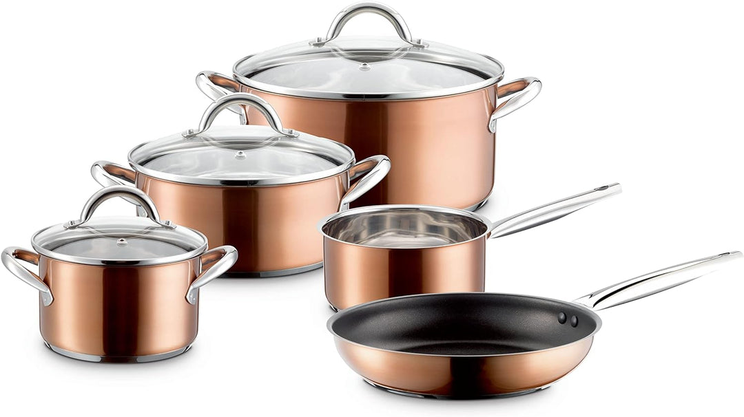 MÄSER Asterion Topfset in modernem kupferfarbenem Design, 4 Töpfe, 1 antihaftbeschichtete Pfanne und