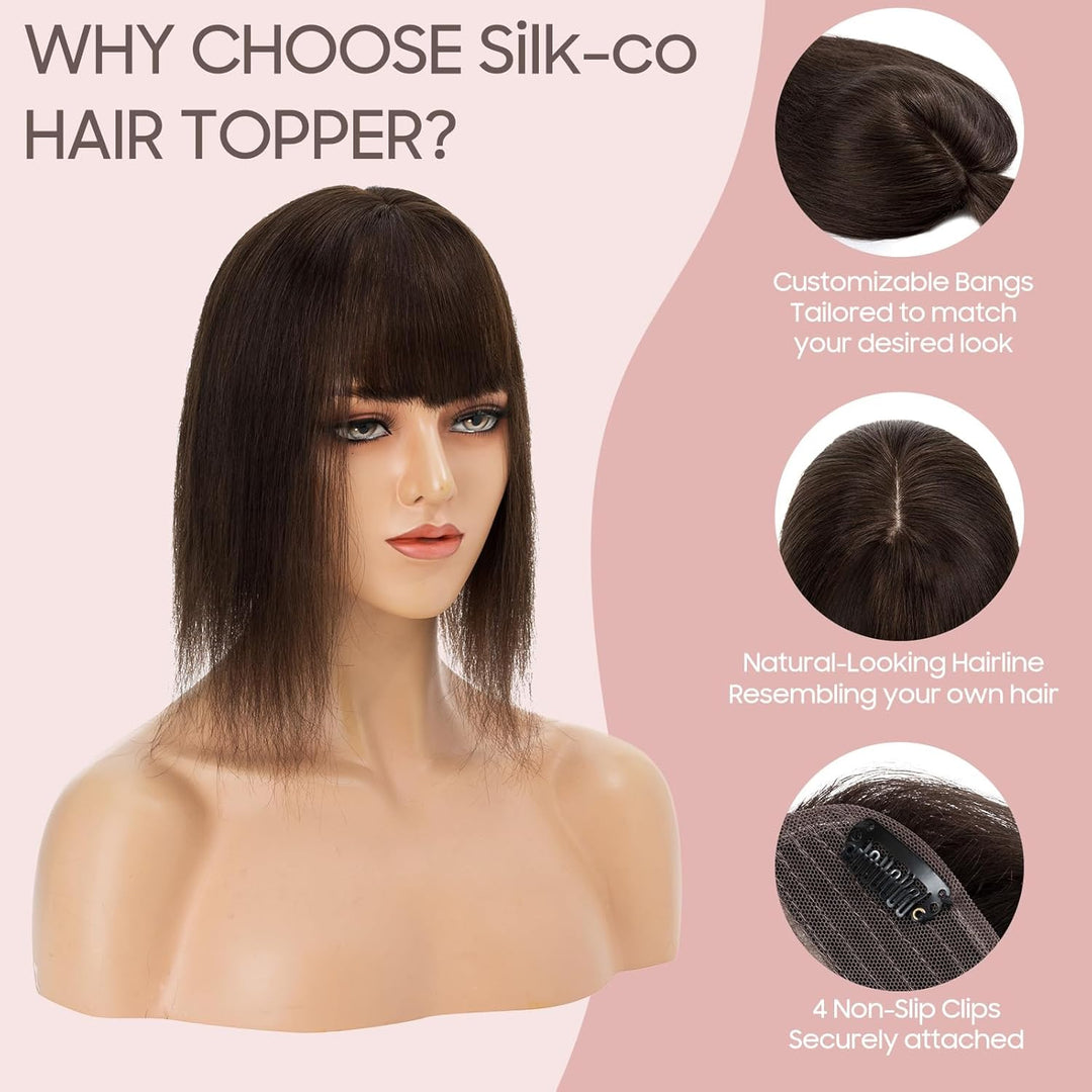 Silk-co Hair Topper Echthaar mit langem Pony, Toupet Damen 10x12cm Basis, Haartopper Echthaar mit Re