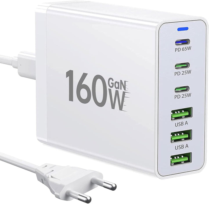 USB C Ladegerät,160W GaN 6 Port Mehrfach Ladestation,Schnellladegerät PD USB C Desktop Ladegerät kom