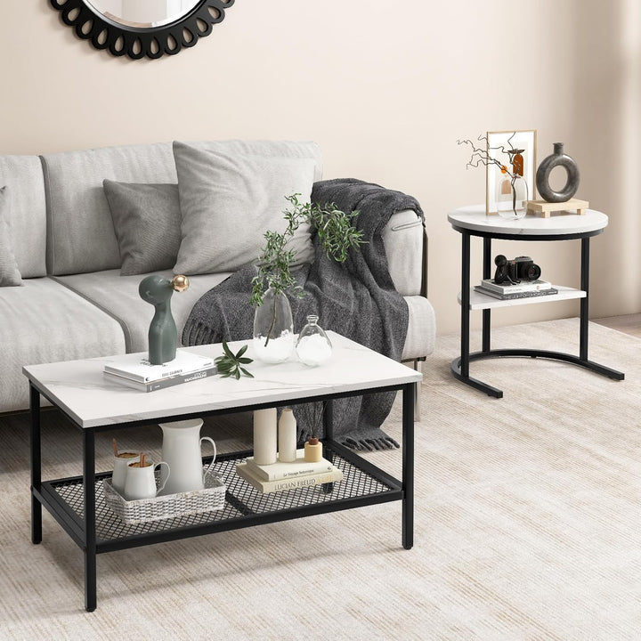 COSTWAY 2er Set Couchtisch, Beistelltisch Marmor Optik mit Metallrahmen & Ablage, Kaffeetisch Wohnzi