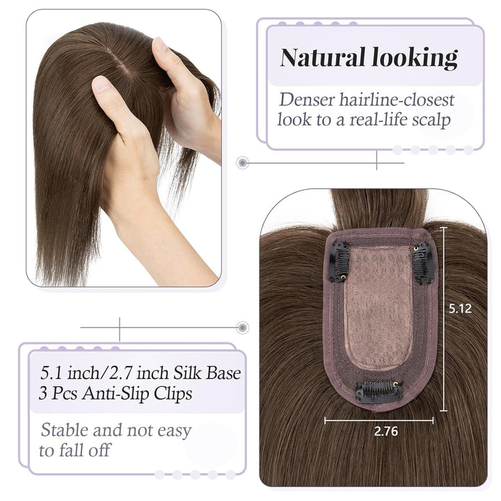 TESS Hair Topper Echthaar Braun, 7x13cm Basis Toupet Damen #2 Dunkelbraun mit Pony Haartopper Echtha