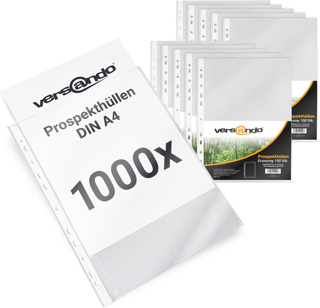 versando 1.000x A4 Prospekthüllen Economy mit Heftrand Klarsichthüllen genarbt transparent 45my (10x