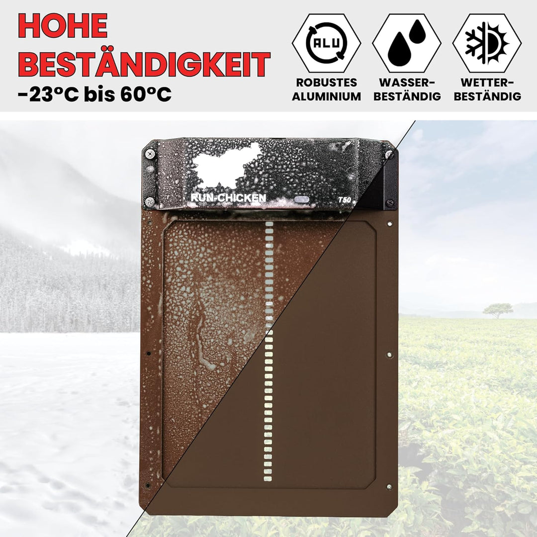 Run Chicken Model T50, Automatic Chicken Coop Door, Full Aluminum Doors, Light Sensing, Evening and