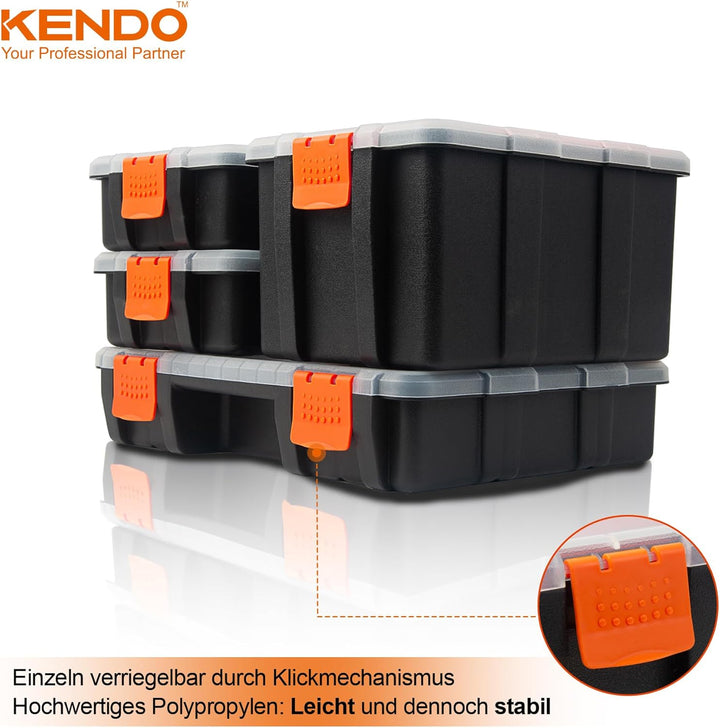 KENDO Sortimentskasten Set – 4-teilig – 49x Fächer – Werkzeugkasten – Für Kleinteile und Werkzeug 38