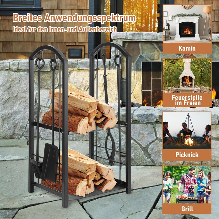 Randaco kaminholzregal Innen und Aussen, mit Kaminbesteck, Metall Brennholzregal aussen, Holzunterst