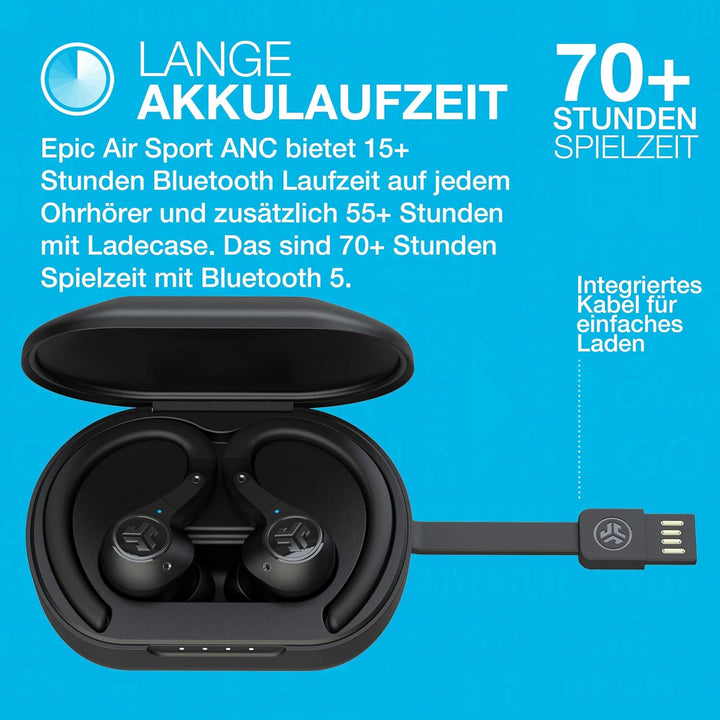 JLab Epic Air Sport ANC Bluetooth Kopfhörer Sport, In Ear Kopfhörer Kabellos mit Bügel - 70+ Std. No