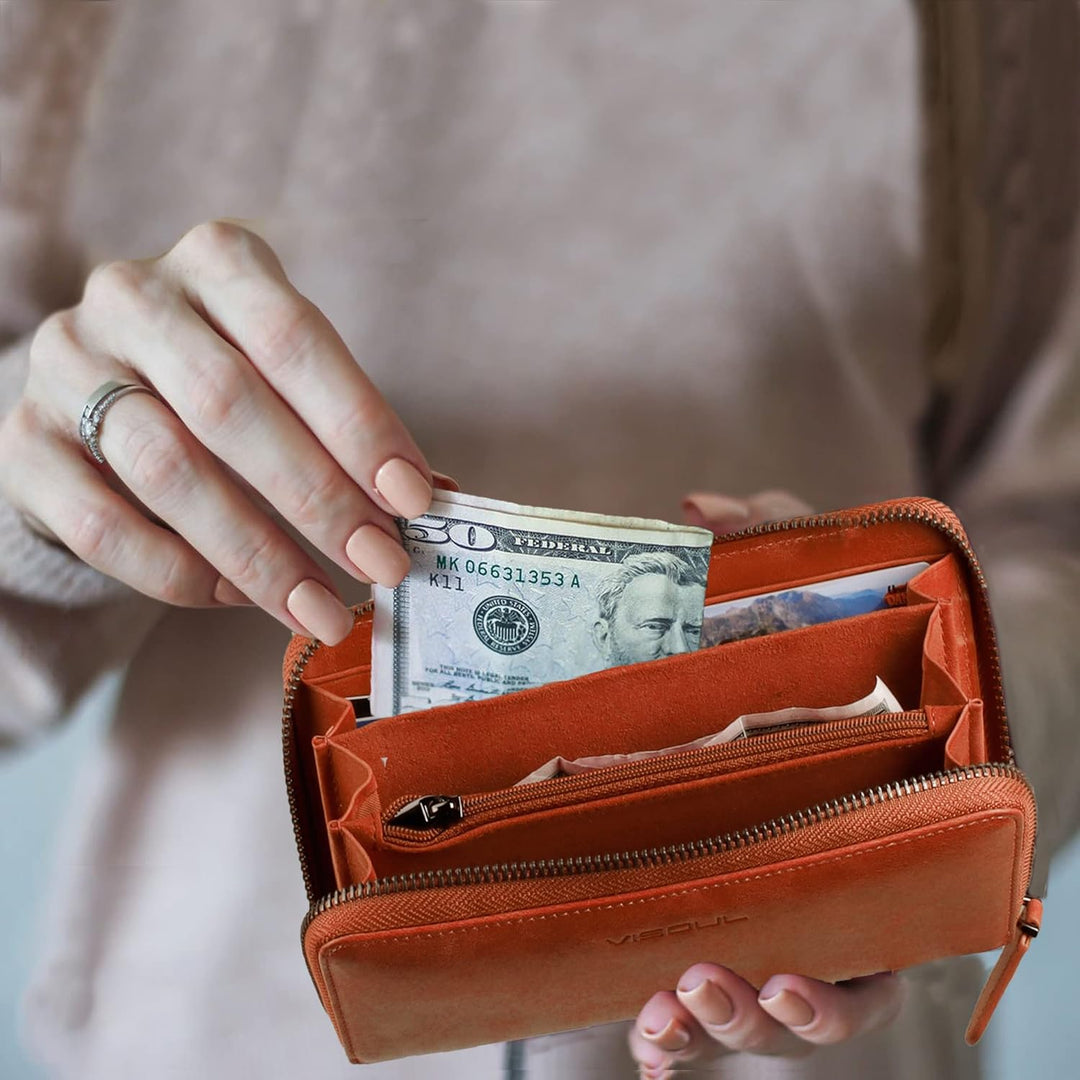 VISOUL Premium Brieftasche Echtleder/Italienisches Leder mit RFID-Schutz, XXL Geldbörse Braun L02, B